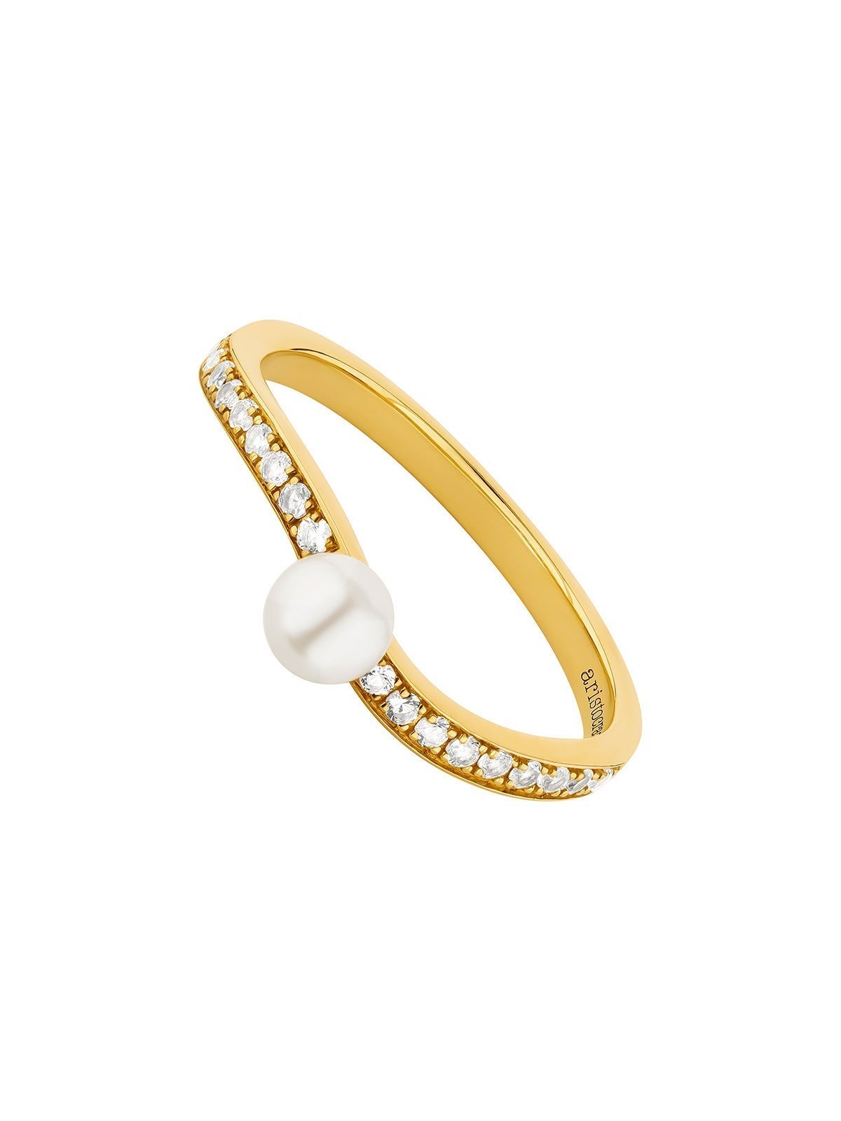 Anillo de plata 925 bañada en oro amarillo de 18K con topacios blancos y perla con forma irregular