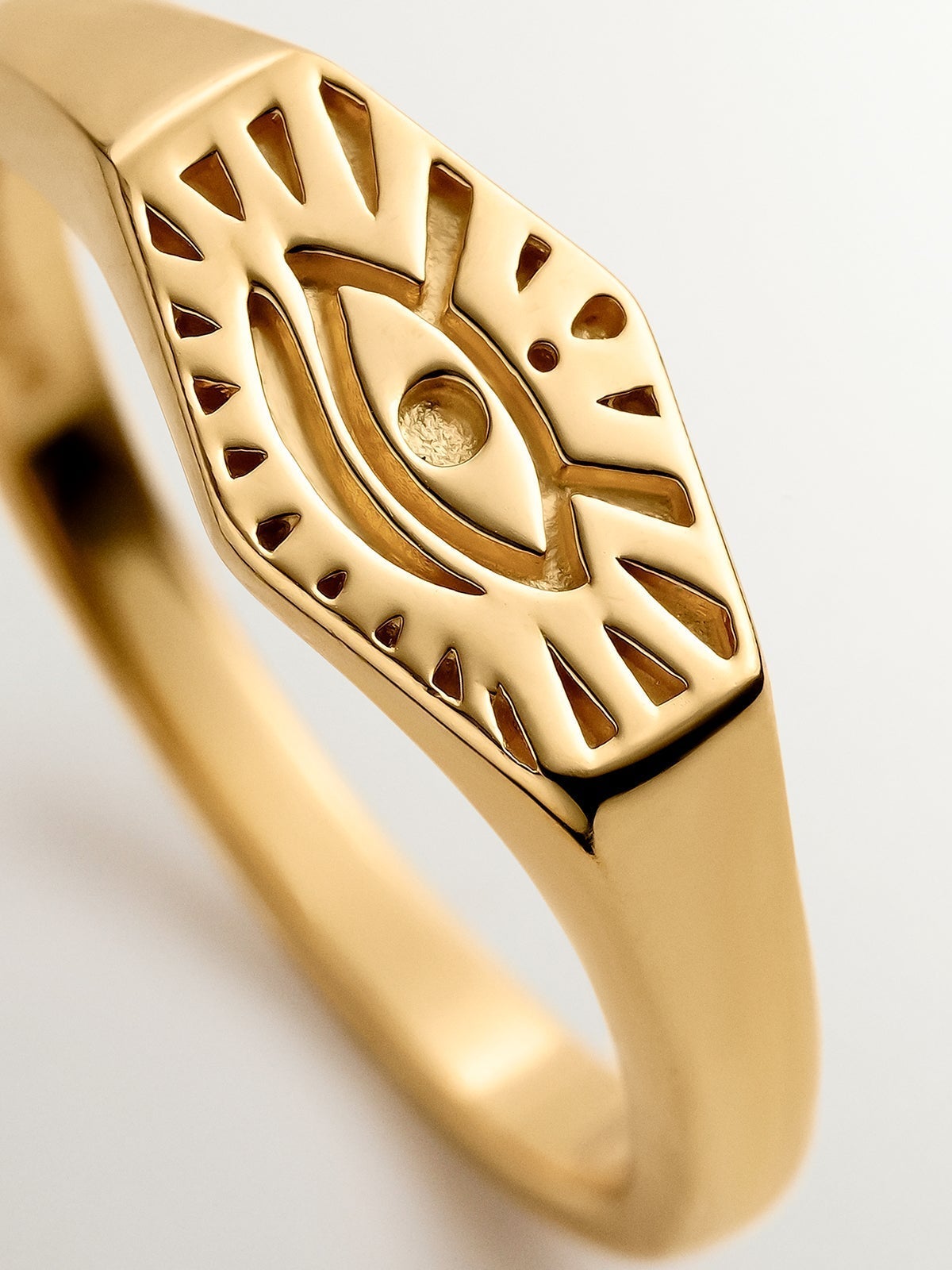 Anillo de sello de plata 925 bañada en oro amarillo de 18K con Ojo de Horus