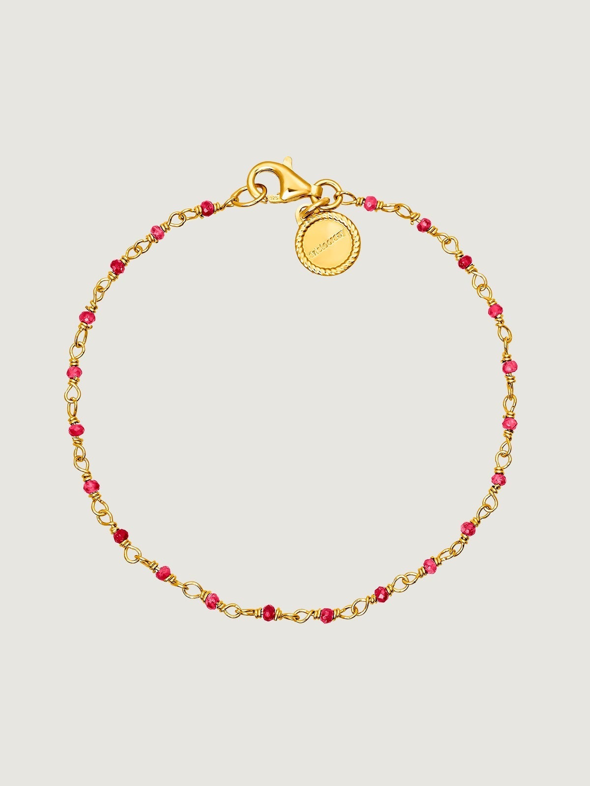 Pulsera de plata 925 bañada en oro amarillo de 18k con bolitas de rubíes rosas