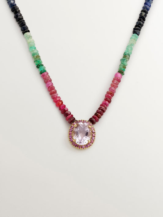 Collar de plata 925 bañada en oro amarillo de 18K con zafiros multicolor, rodolita rosa y amatista morada