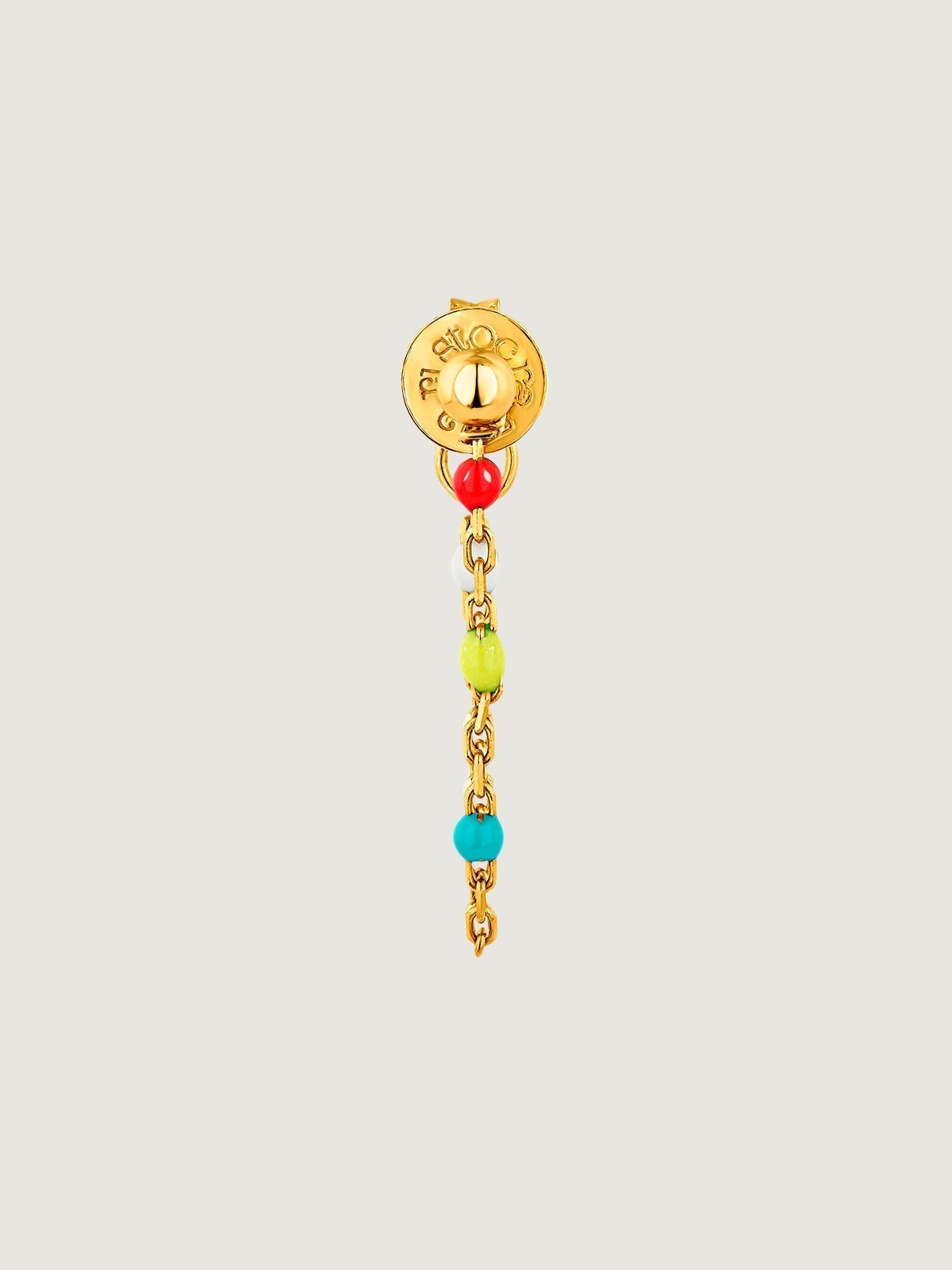 Pendiente individual de plata 925 bañada en oro amarillo de 18K con cadena y bolitas de esmalte multicolor