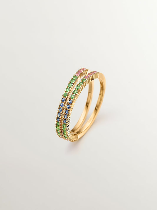 Anillo doble de plata 925 bañada en oro amarillo de 18K con tsavoritas y zafiros multicolor