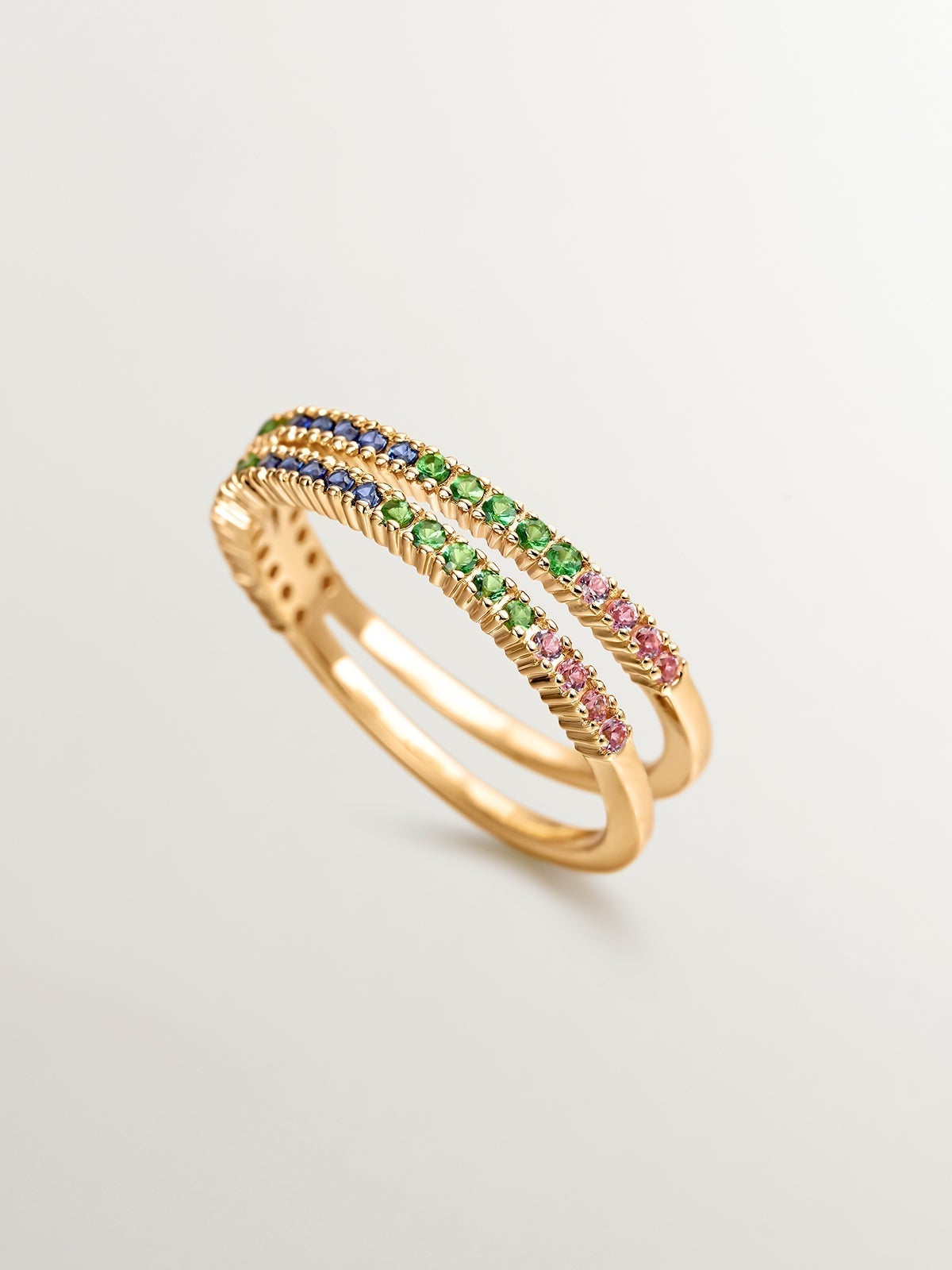 Anillo doble de plata 925 bañada en oro amarillo de 18K con tsavoritas y zafiros multicolor