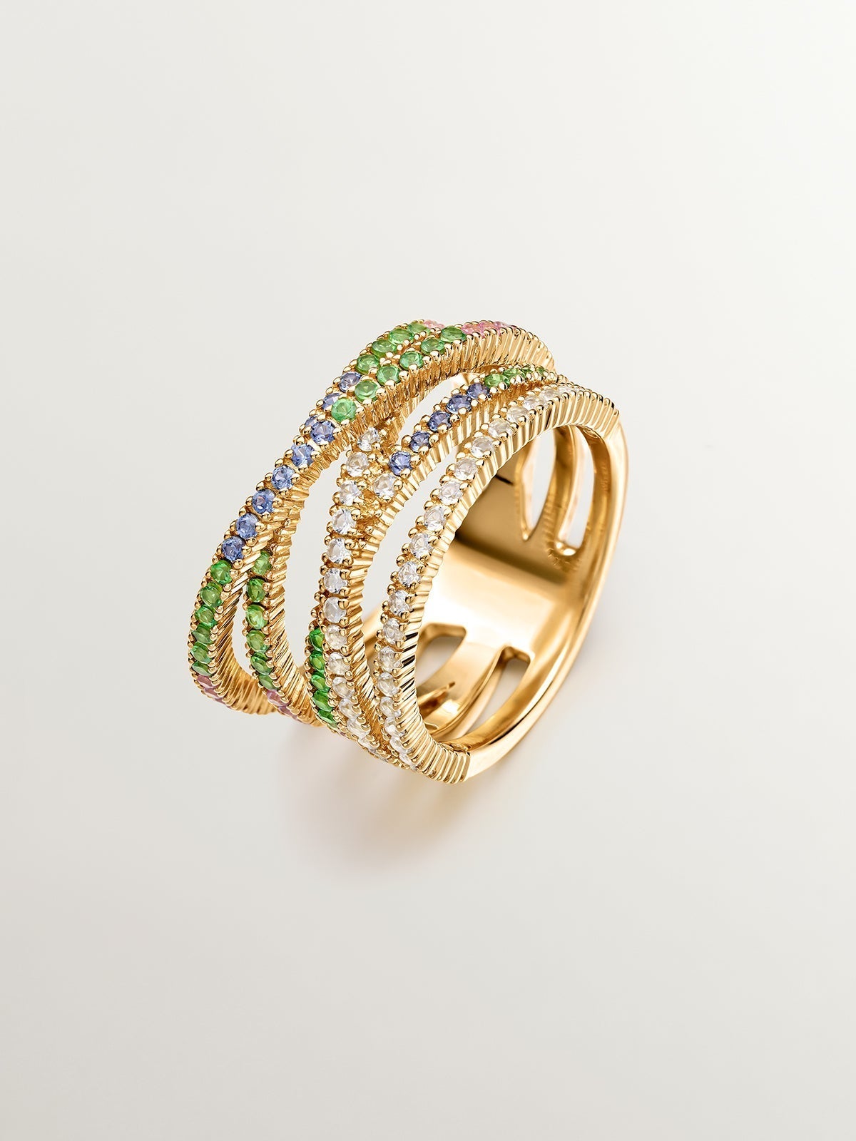 Anillo multibrazo cruzado de plata 925 bañada en oro amarillo de 18K con tsavoritas, topacios y zafiros multicolor