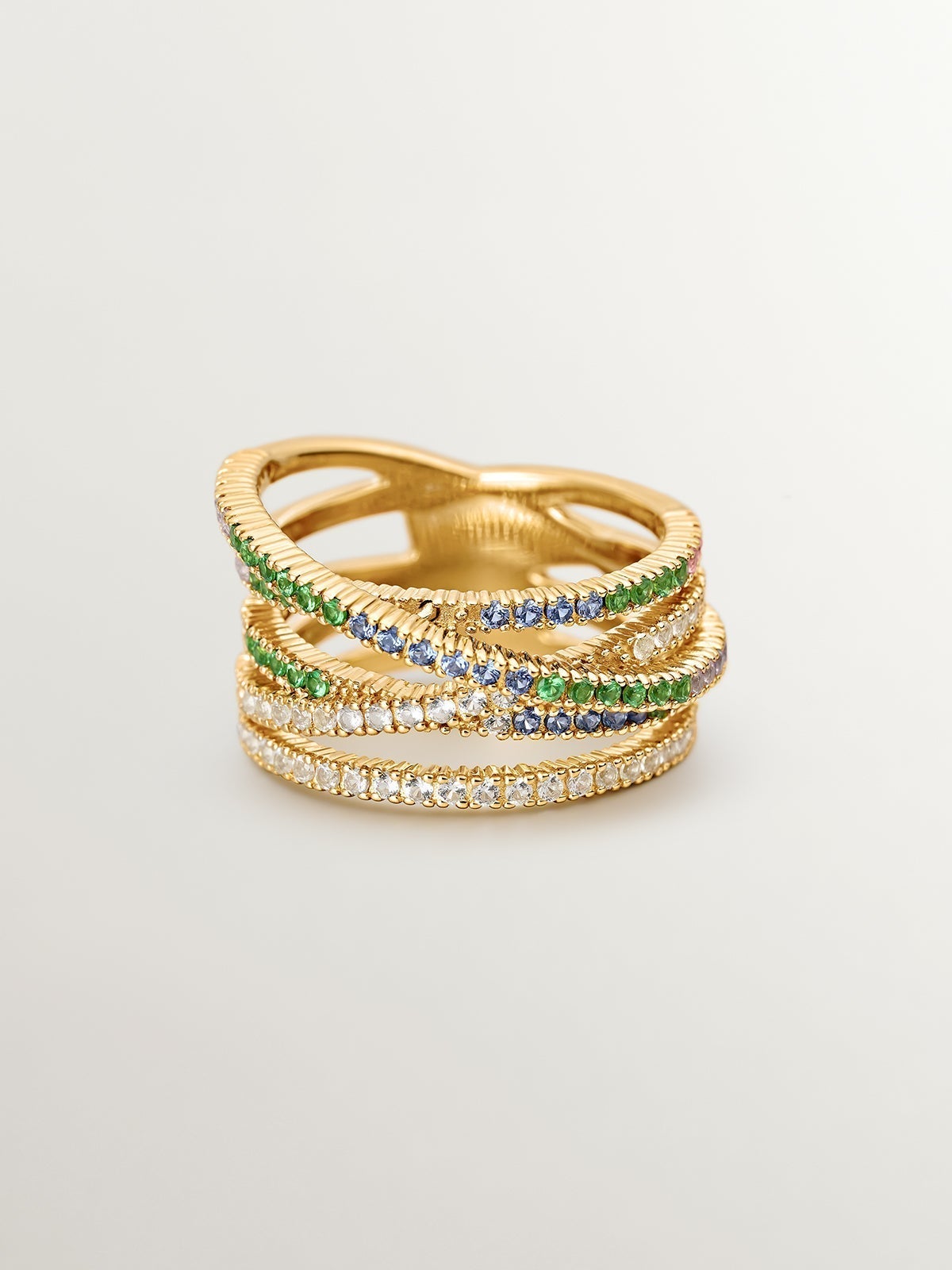 Anillo multibrazo cruzado de plata 925 bañada en oro amarillo de 18K con tsavoritas, topacios y zafiros multicolor