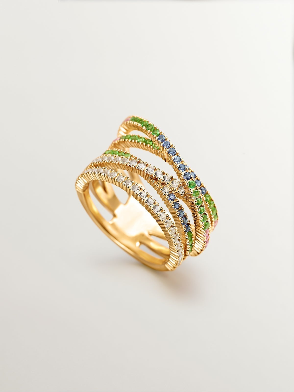 Anillo multibrazo cruzado de plata 925 bañada en oro amarillo de 18K con tsavoritas, topacios y zafiros multicolor