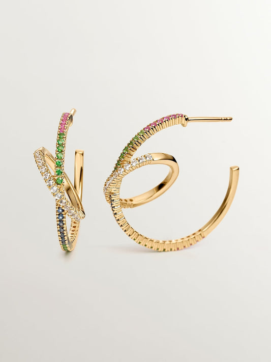 Pendientes doble aro de plata 925 bañada en oro amarillo de 18K con tsavoritas y zafiros multicolor
