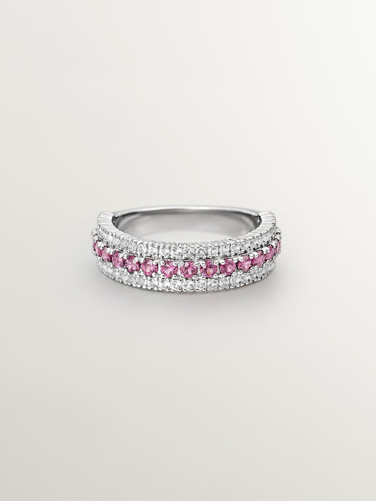 Anillo de plata 925 con rodolita rosa y topacios blancos