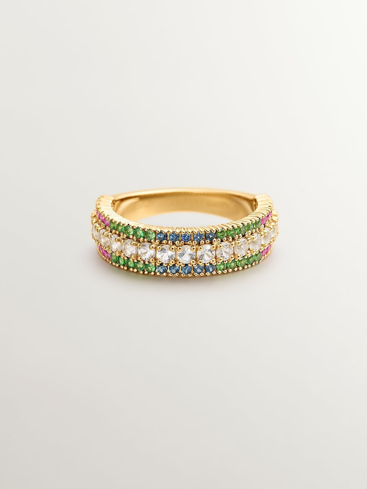 Anillo de plata 925 bañada en oro amarillo de 18K con tsavoritas, topacios y zafiros multicolor