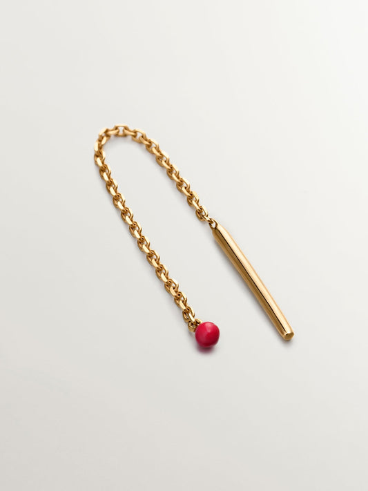 Pendiente individual largo de oro amarillo de 9K con cadena y bolita de esmalte rosa