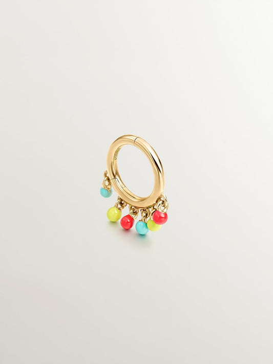 Pendiente individual de aro de oro amarillo de 9K con bolitas de esmalte multicolor