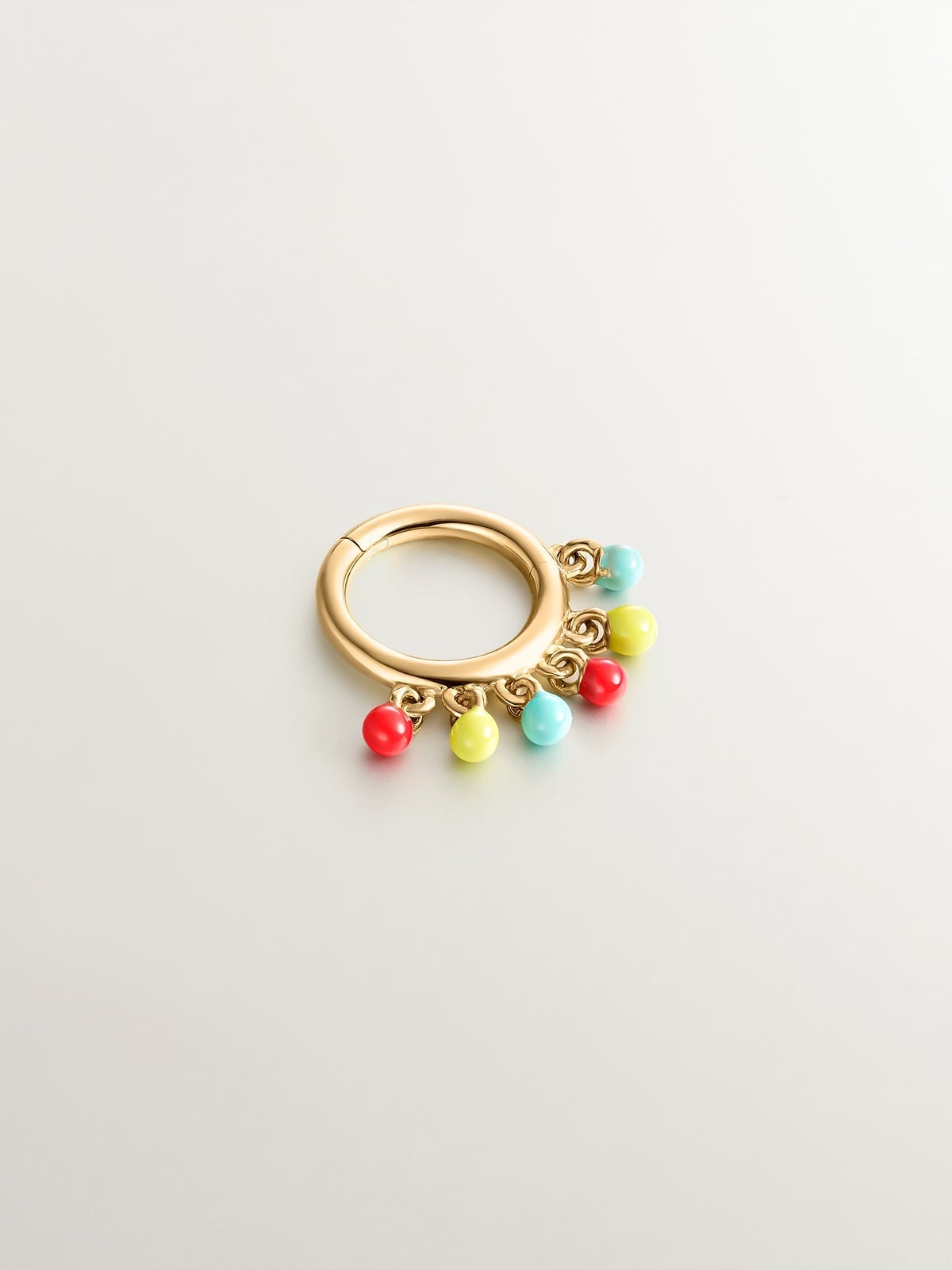Pendiente individual de aro de oro amarillo de 9K con bolitas de esmalte multicolor