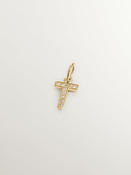 Charm de plata 925 bañada en oro amarillo de 18K y topacios blancos inicial T