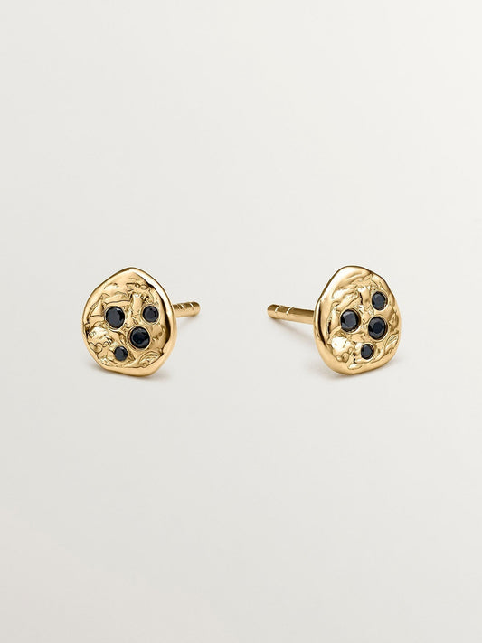 Pendientes de plata 925 bañada en oro amarillo de 18K con relieve y espinelas negras