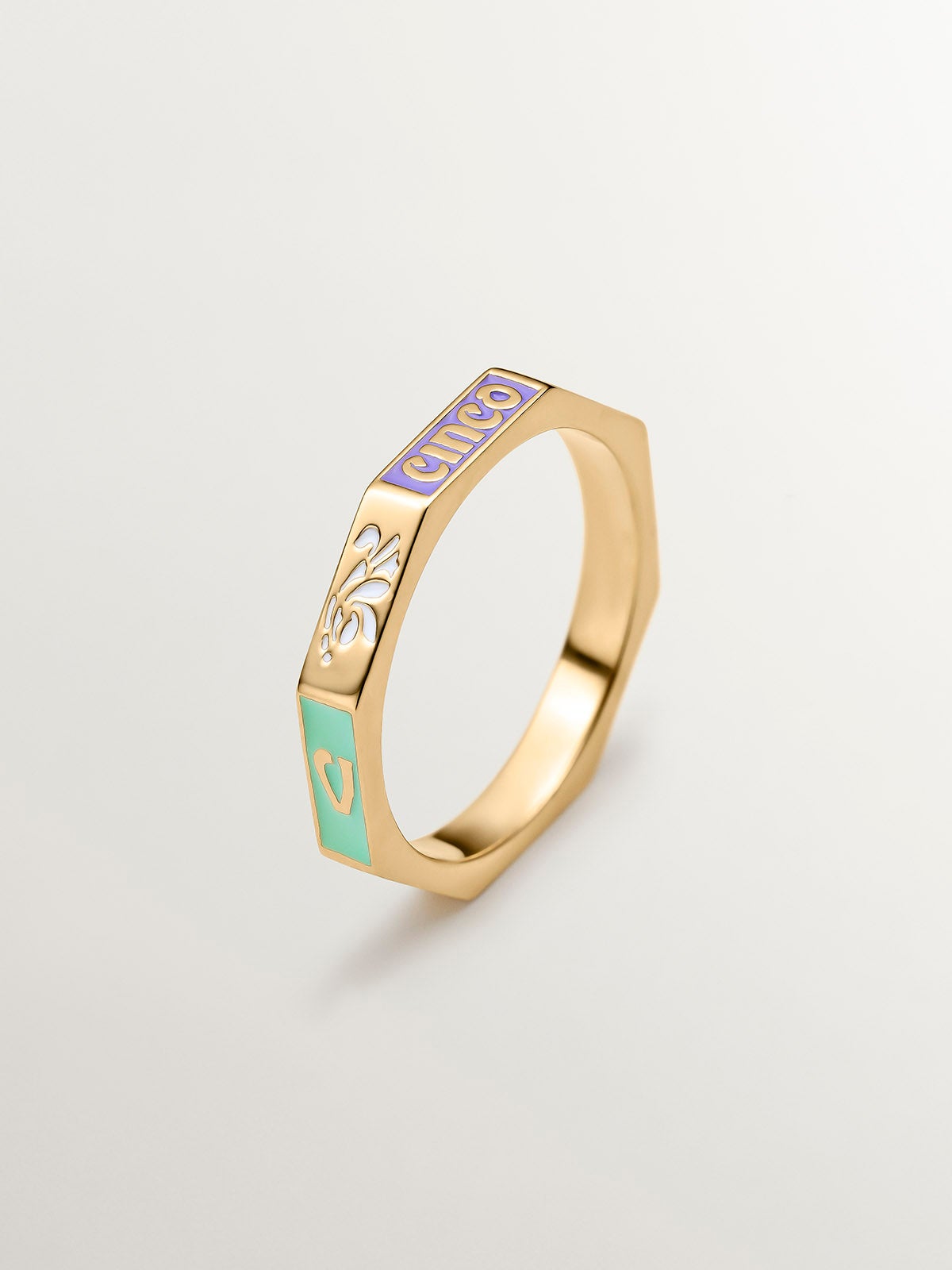 Anillo de plata 925 bañada en oro amarillo de 18K con esmalte de colores y número cinco