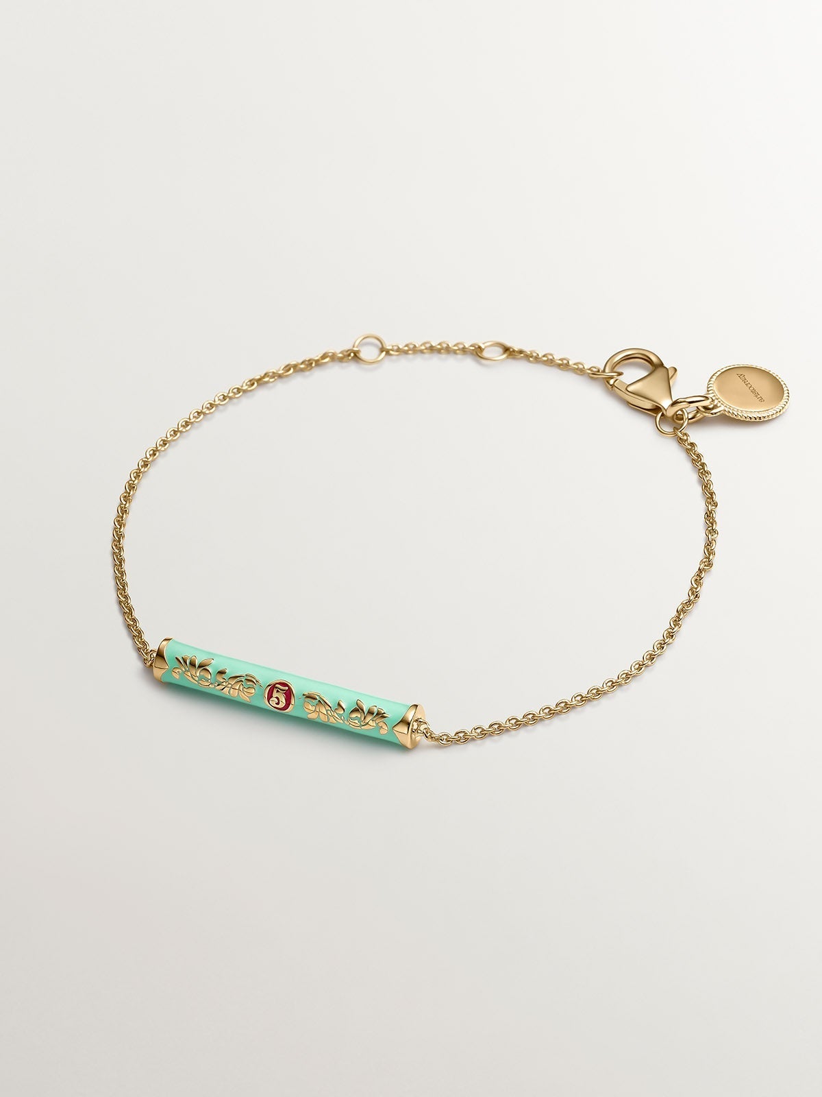 Pulsera de plata 925 bañada en oro amarillo de 18K con esmalte de colores y número cinco