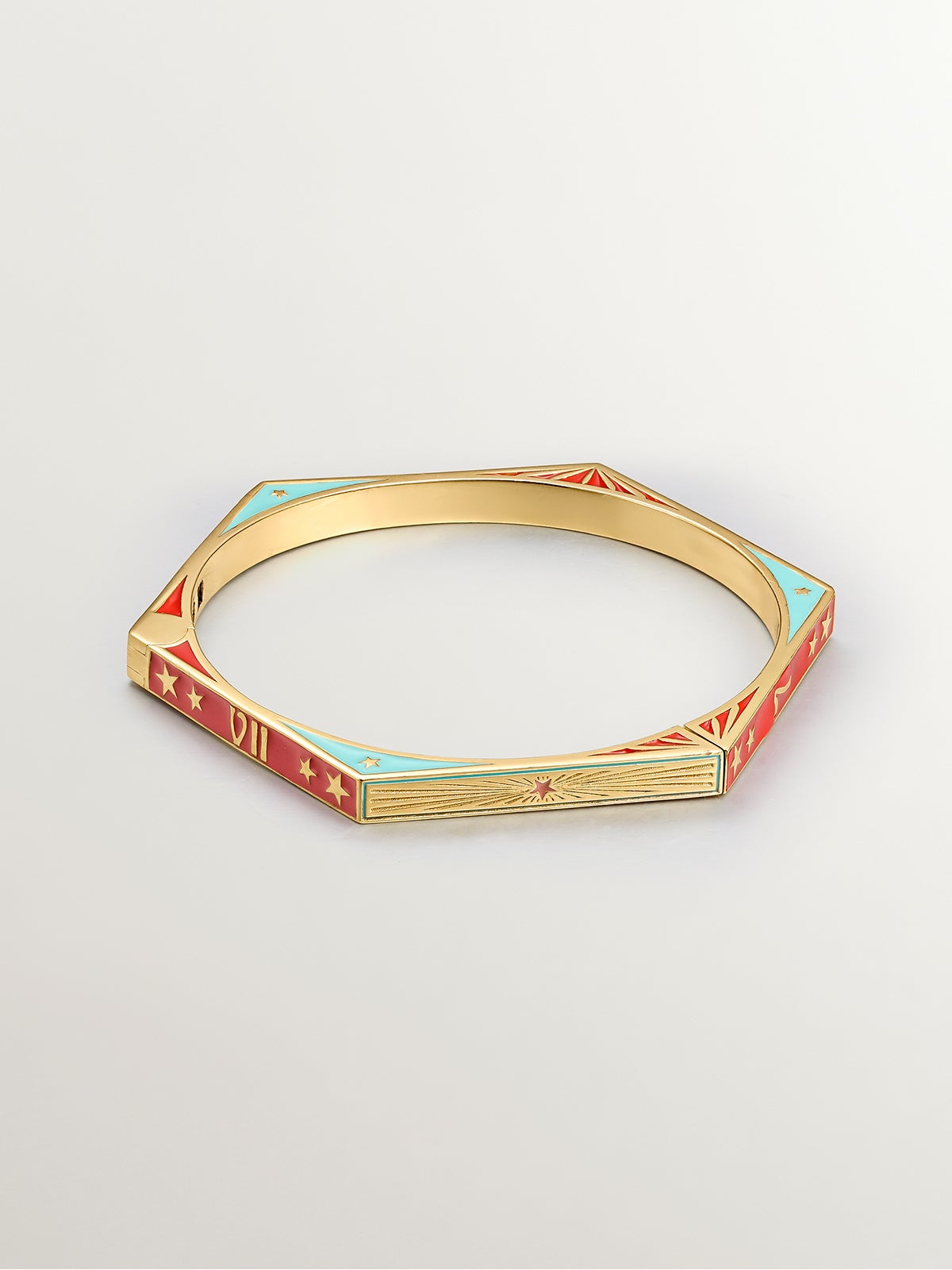 Pulsera rígida de plata 925 bañada en oro amarillo de 18K con esmalte de colores y número 7