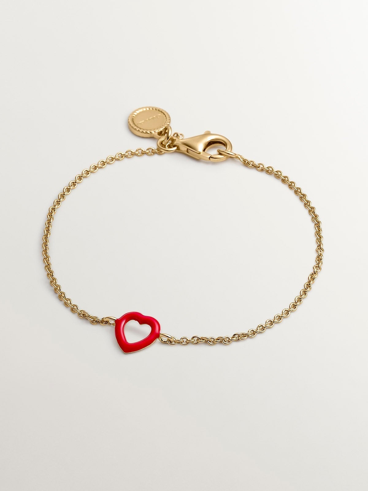Pulsera de plata 925 bañada en oro amarillo de 18K con corazón de esmalte rojo
