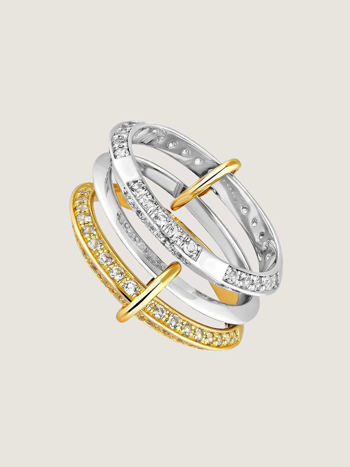 Anillo ancho triple de plata 925 bañada en oro amarillo de 18K con topacios blancos
