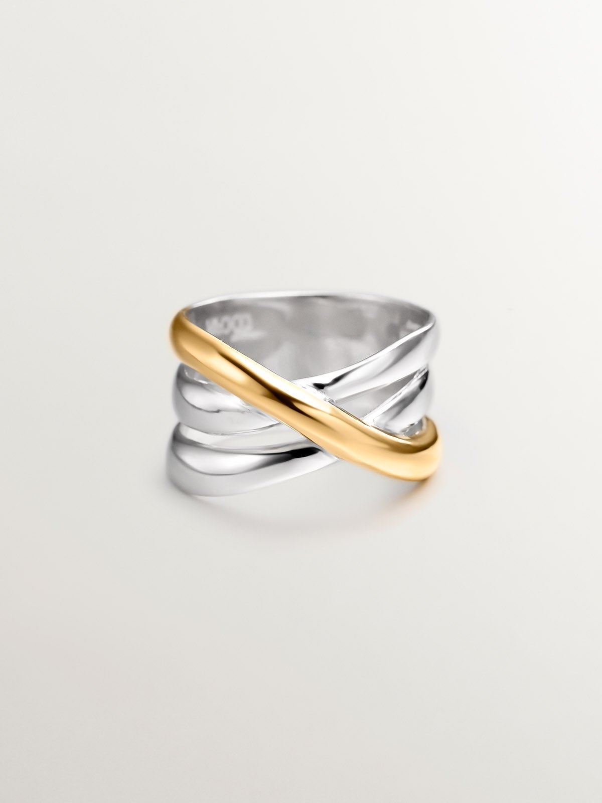 Anillo ancho triple cruzado bicolor de plata 925 y plata 925 bañada en oro amarillo de 18K