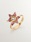 Anillo de plata 925 bañada en oro amarillo de 18K con forma de flor con amatista morada y rodolitas rosas