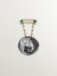Broche de plata 925 y plata 925 bañada en oro amarillo de 18K con medalla de elefante y zafiros blancos, ónix verdes y topacios azul london