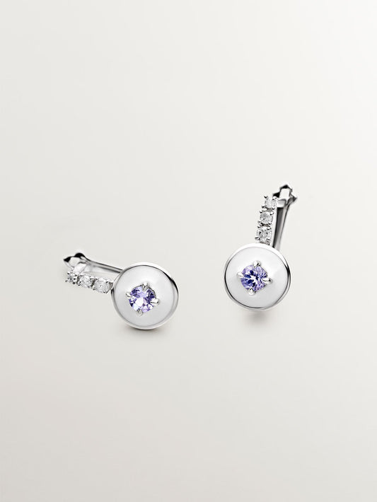 Pendientes de plata 925 con tanzanitas moradas, diamantes blancos y esmalte blanco