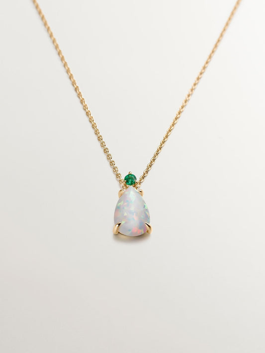Collar de oro amarillo de 18K con ópalo blanco y esmeralda