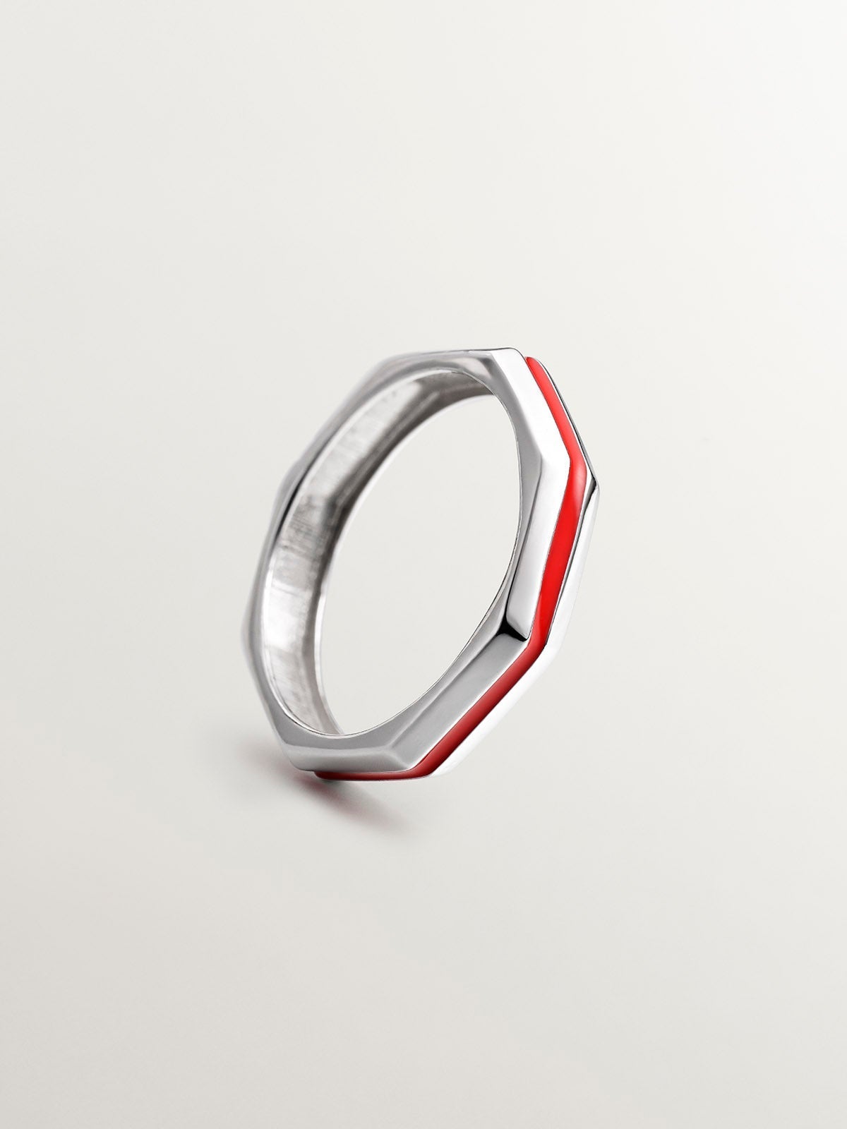 Anillo de plata 925 con acabado geométrico y esmalte rosa
