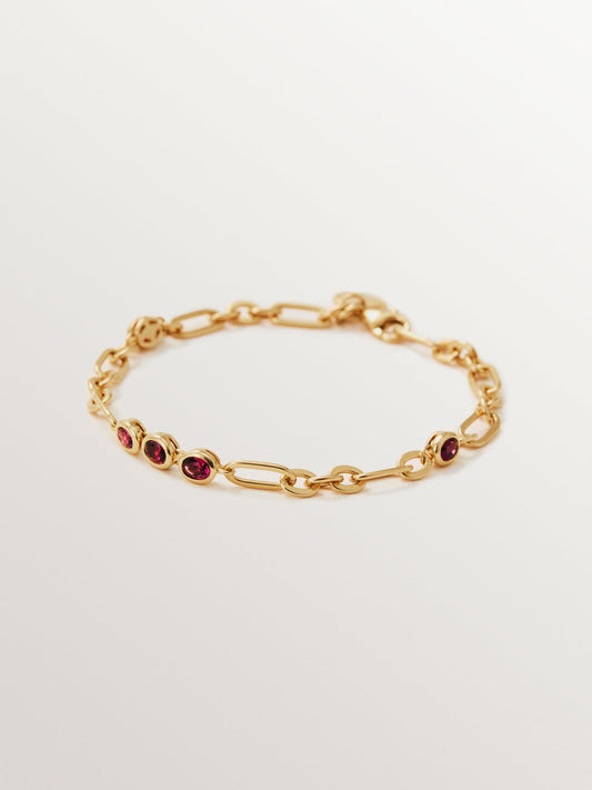 Pulsera de cadena de plata 925 bañada en oro amarillo de 18K con rodolitas rojas