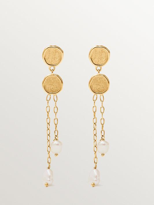Pendientes largos de plata 925 bañada en oro de 18K con perlas colgantes
