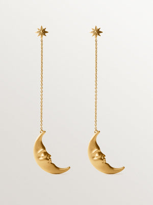 Pendientes largos de plata 925 bañada en oro amarillo de 18K con lunas