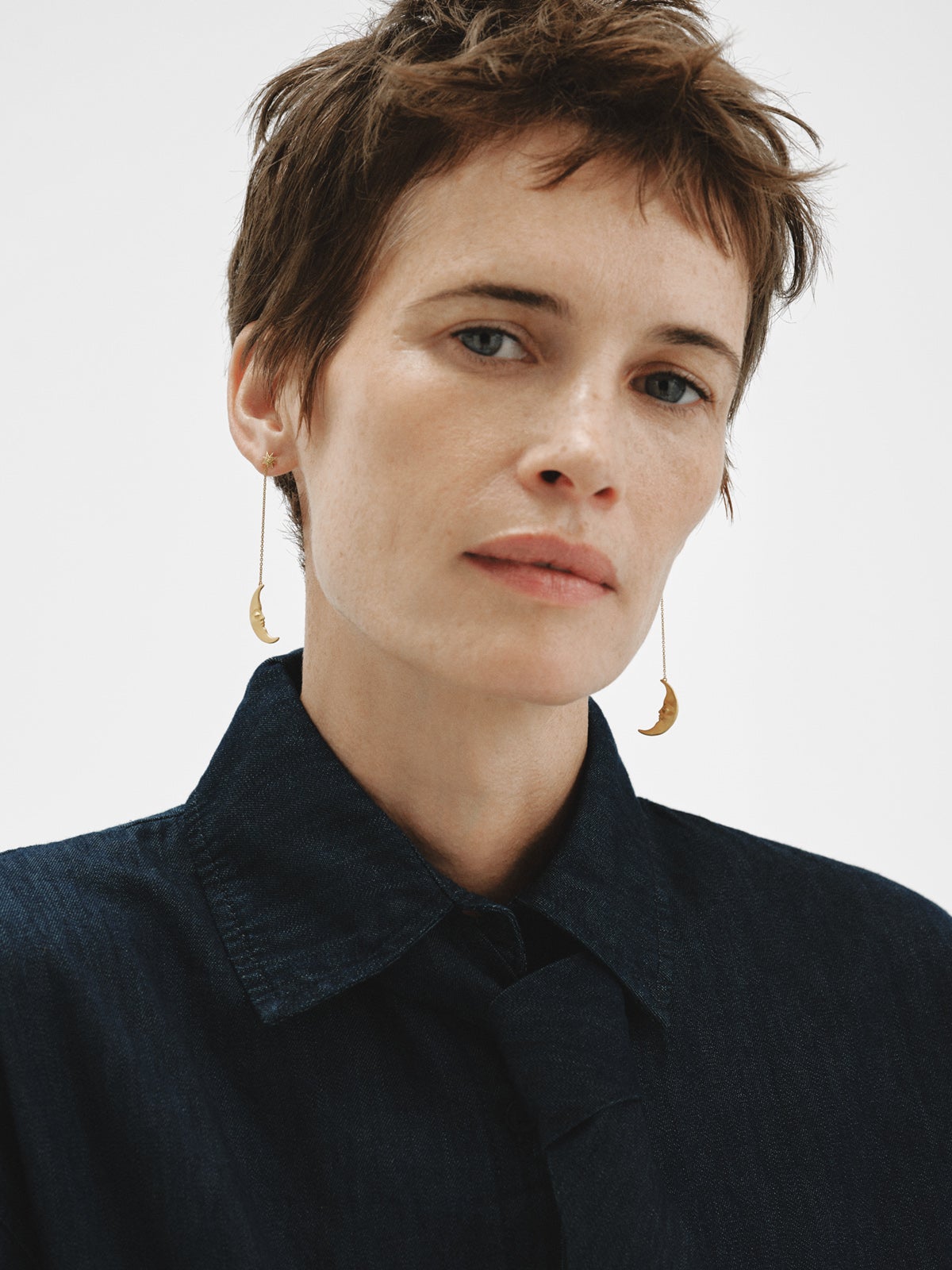 Pendientes largos de plata 925 bañada en oro amarillo de 18K con lunas