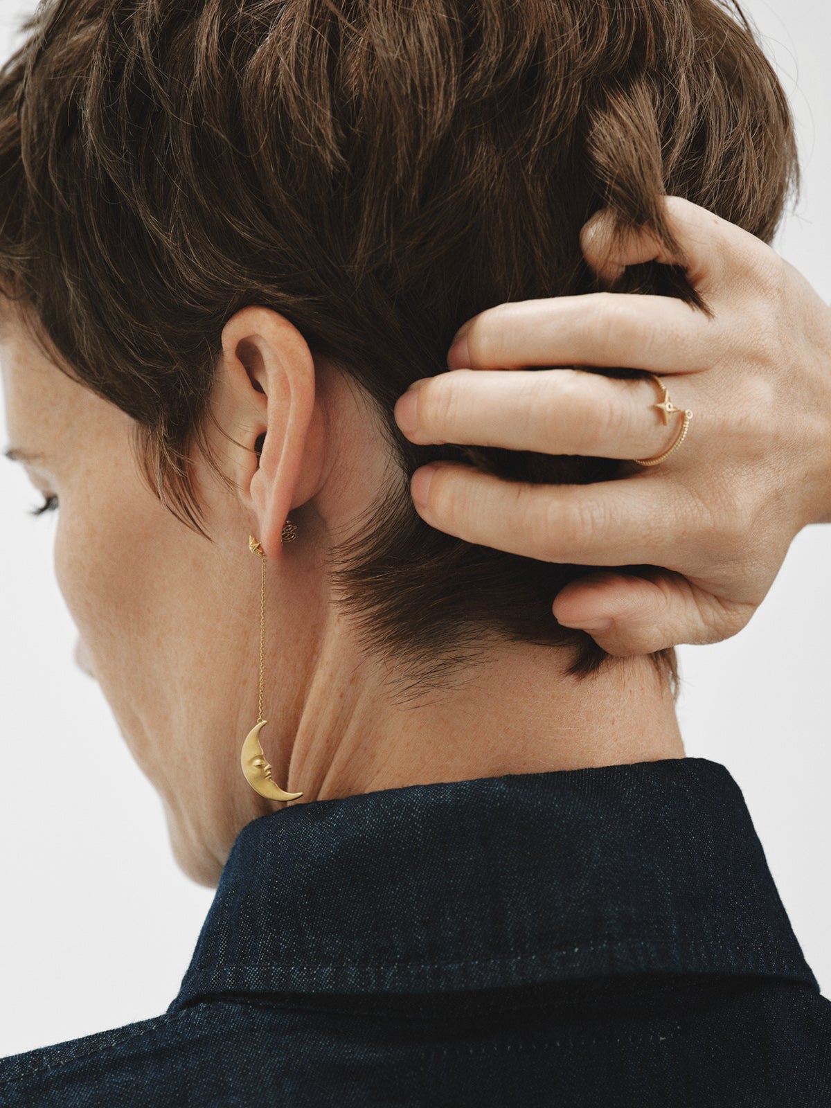 Pendientes largos de plata 925 bañada en oro amarillo de 18K con lunas