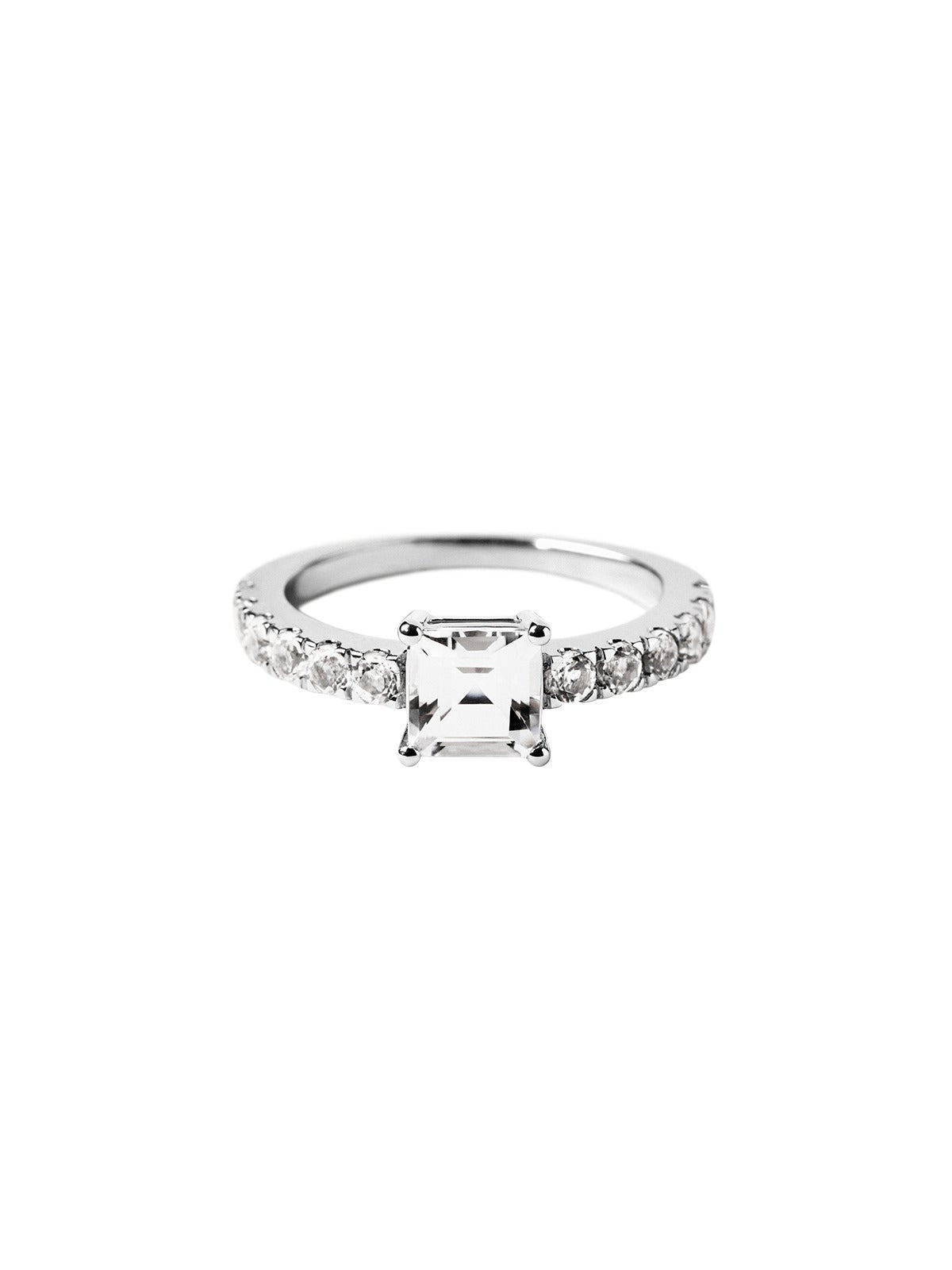 Anillo solitario de plata 925 con cuarzo y topacios blancos