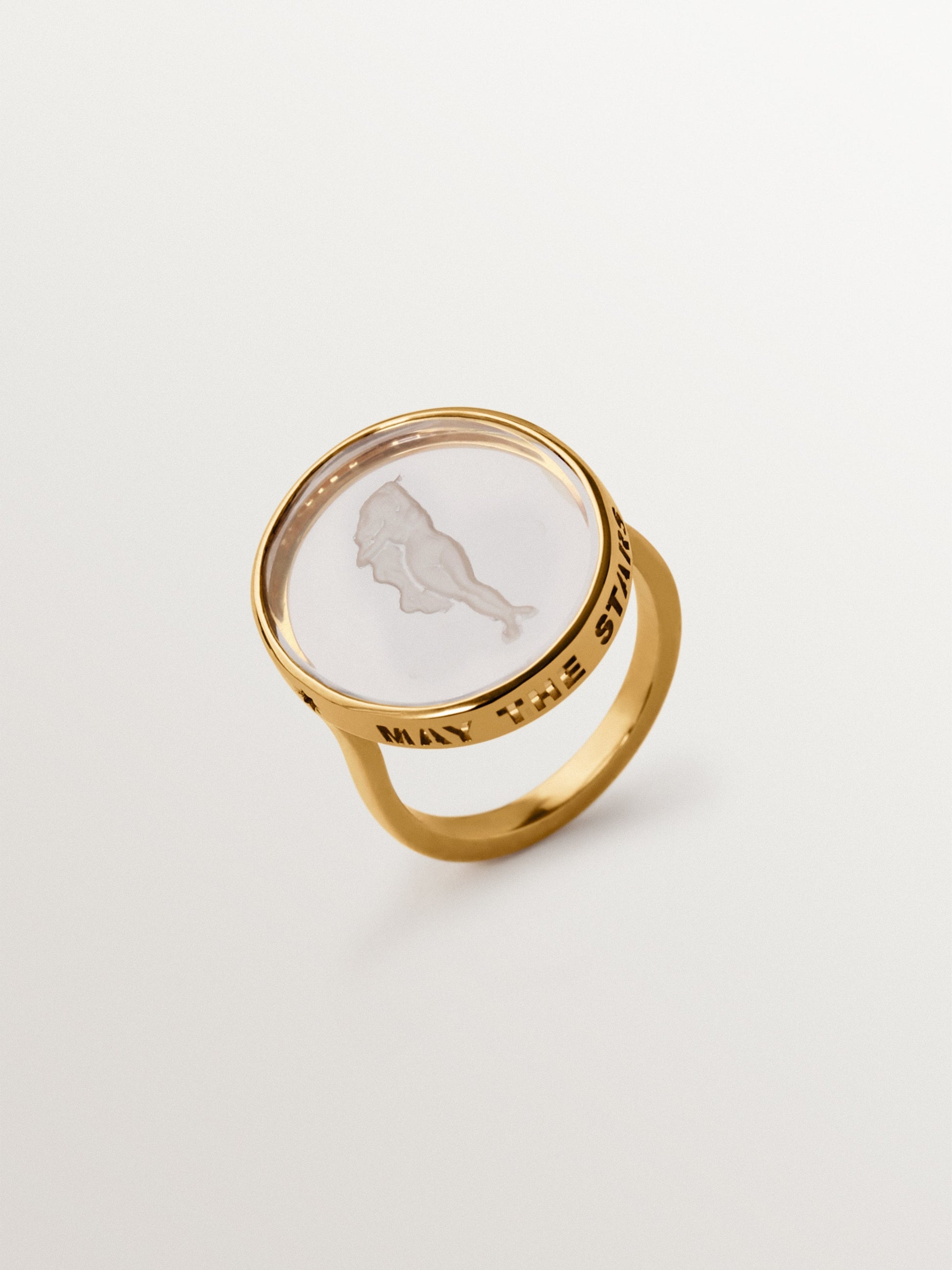 Anillo tipo sello Virgo de plata 925 bañada en oro amarillo de 18K y cristal de roca