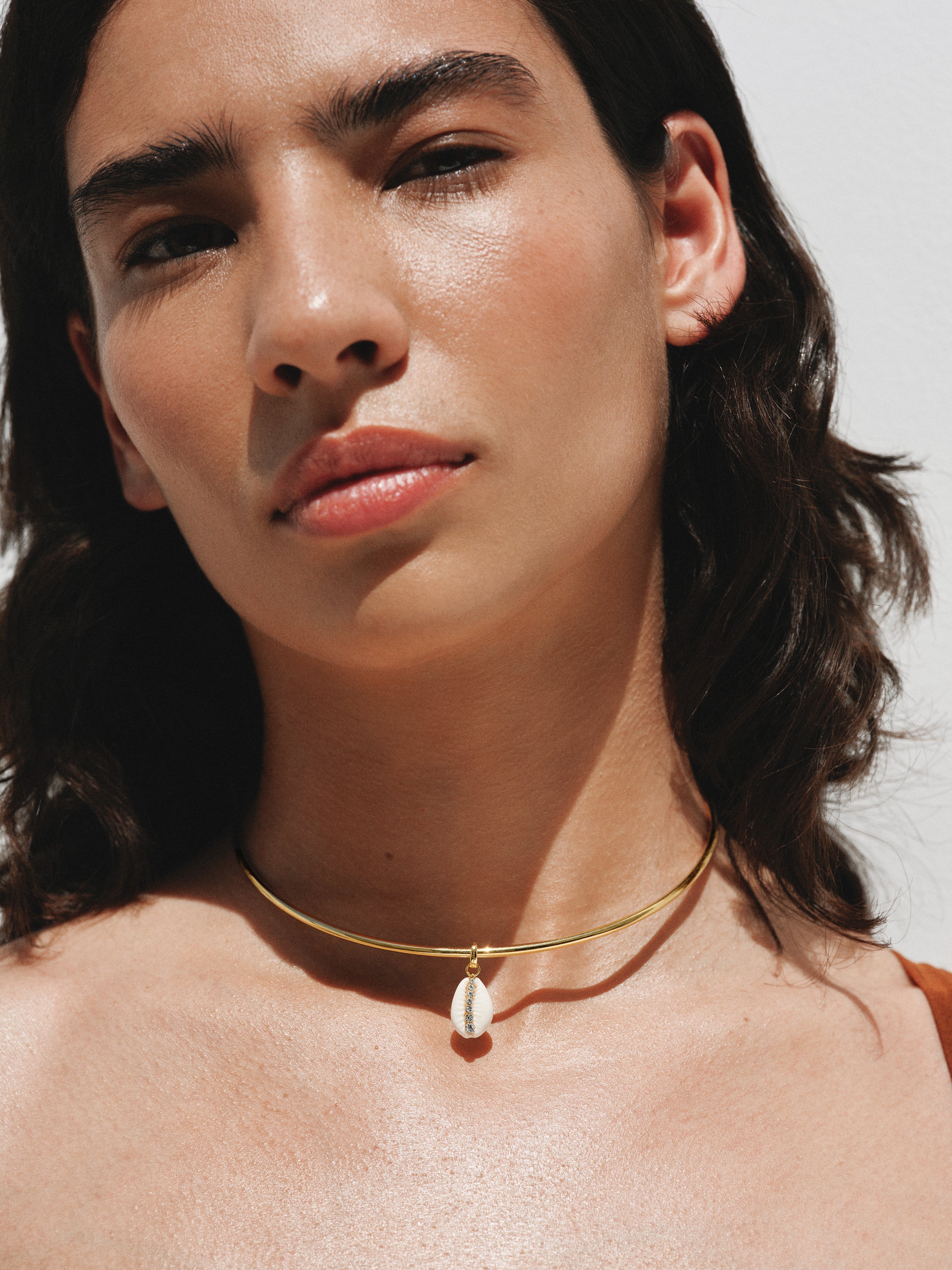 Charm de plata 925 bañada en oro amarillo de 18K con concha blanca y cristales