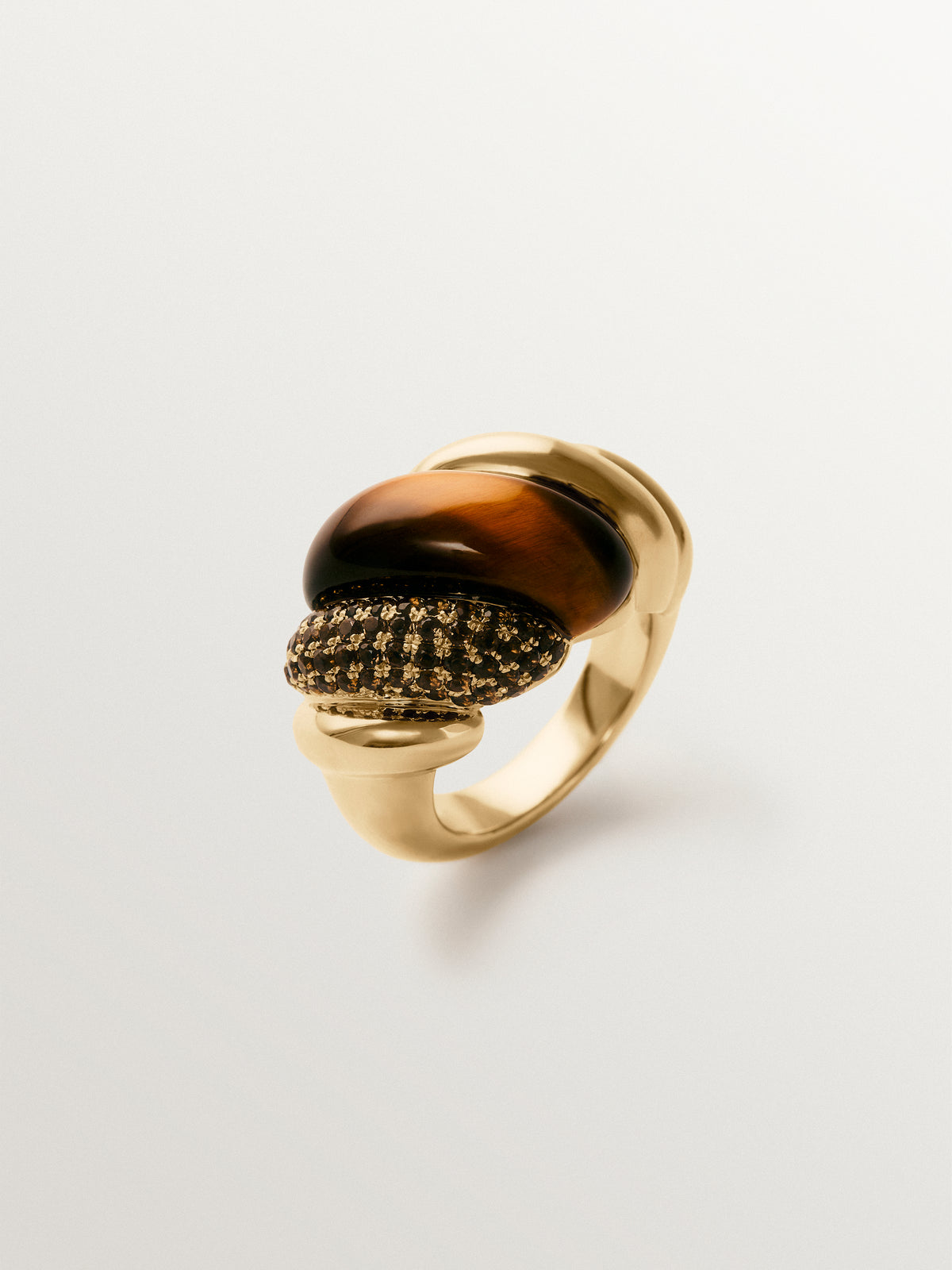 Anillo de plata 925 con baño de oro amarillo de 18K, cuarzos fumé y ojo de tigre