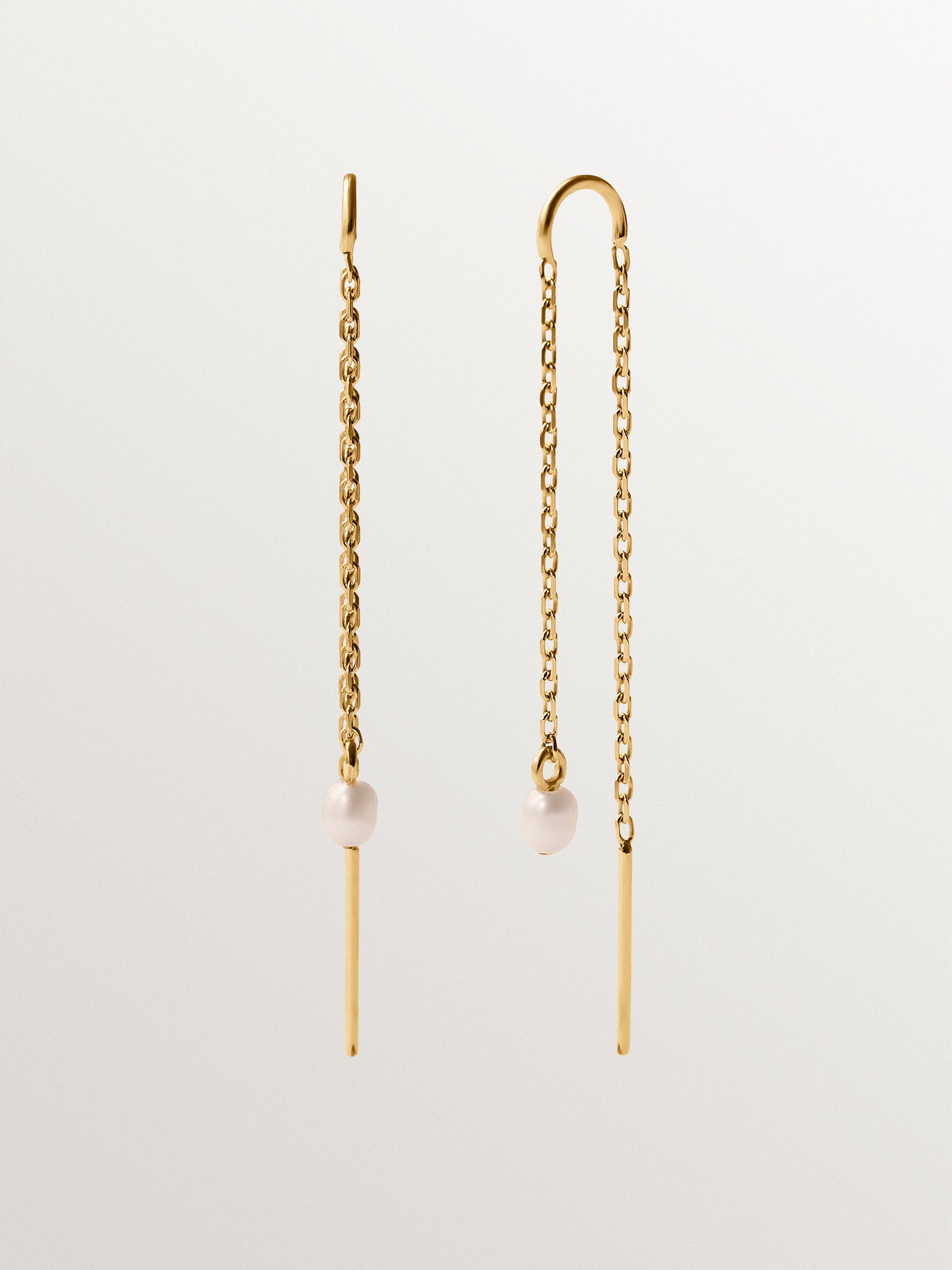 Pendientes largos de plata 925 bañada en oro amarillo de 18K con perlas