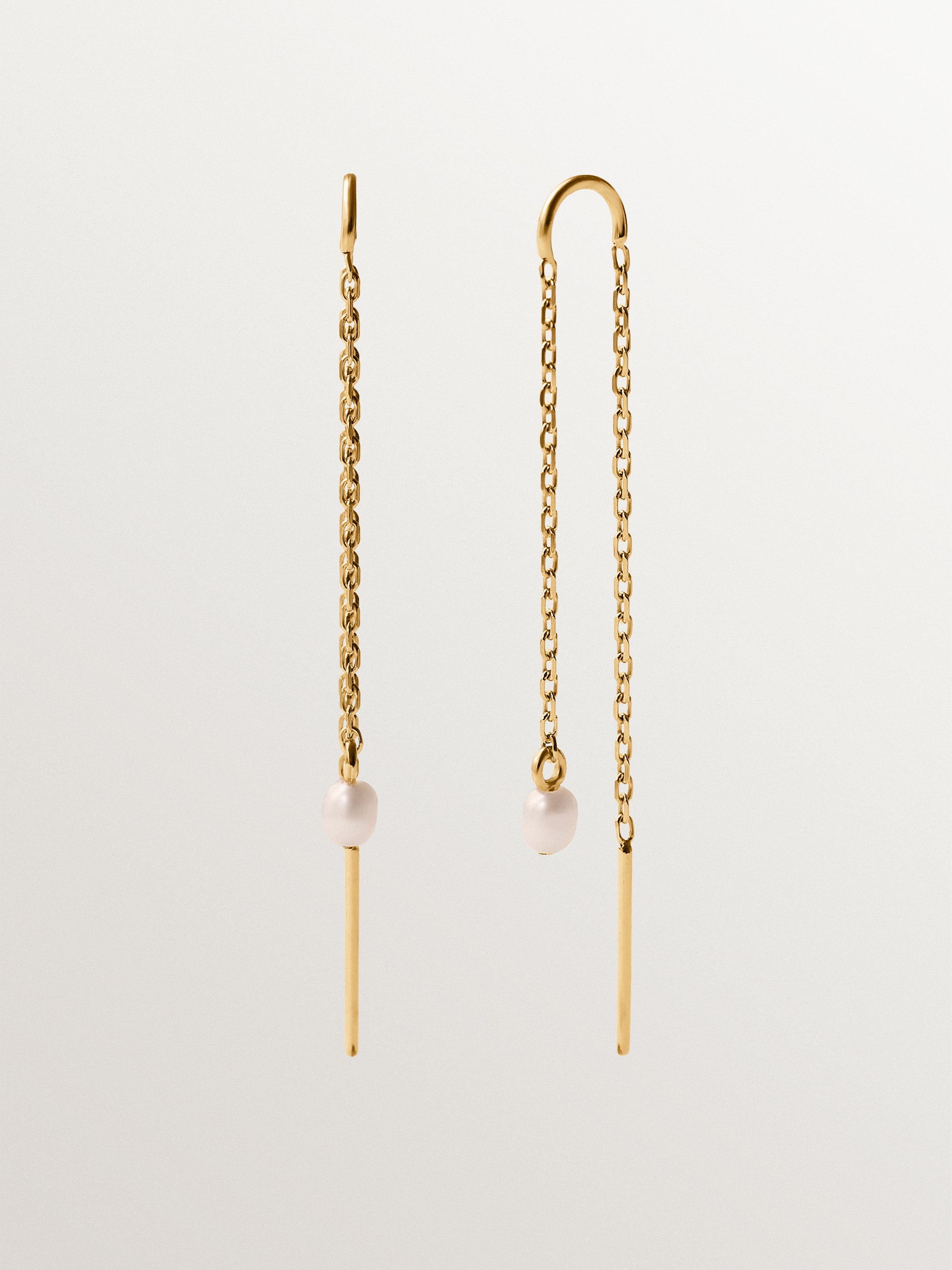 Pendientes largos de plata 925 bañada en oro amarillo de 18K con perlas