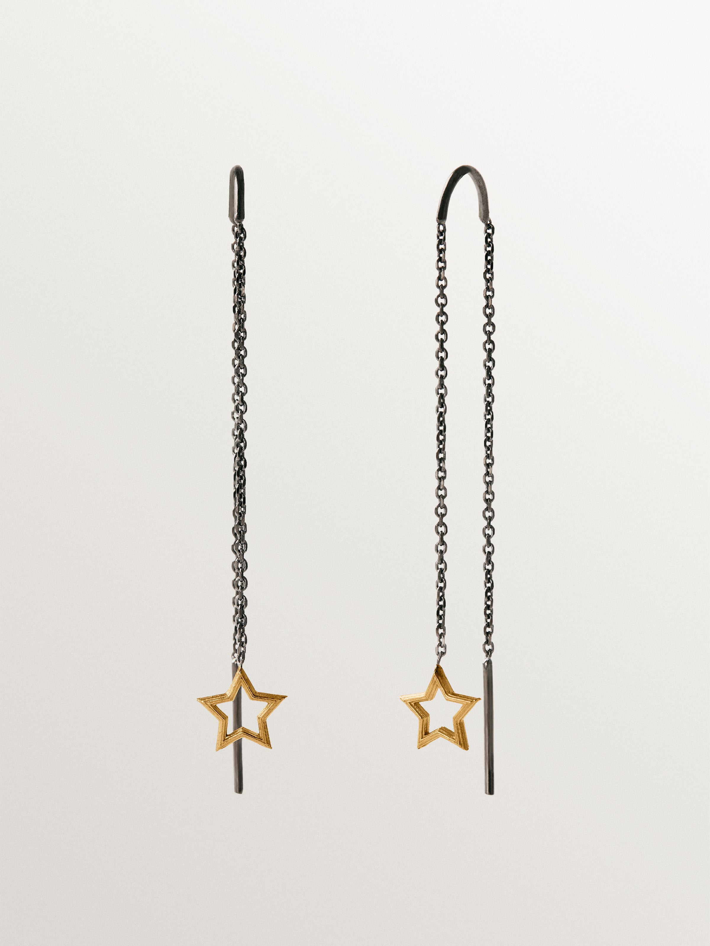 Pendientes largos bicolor de plata 925 bañados en oro amarillo de 18K con forma de estrella