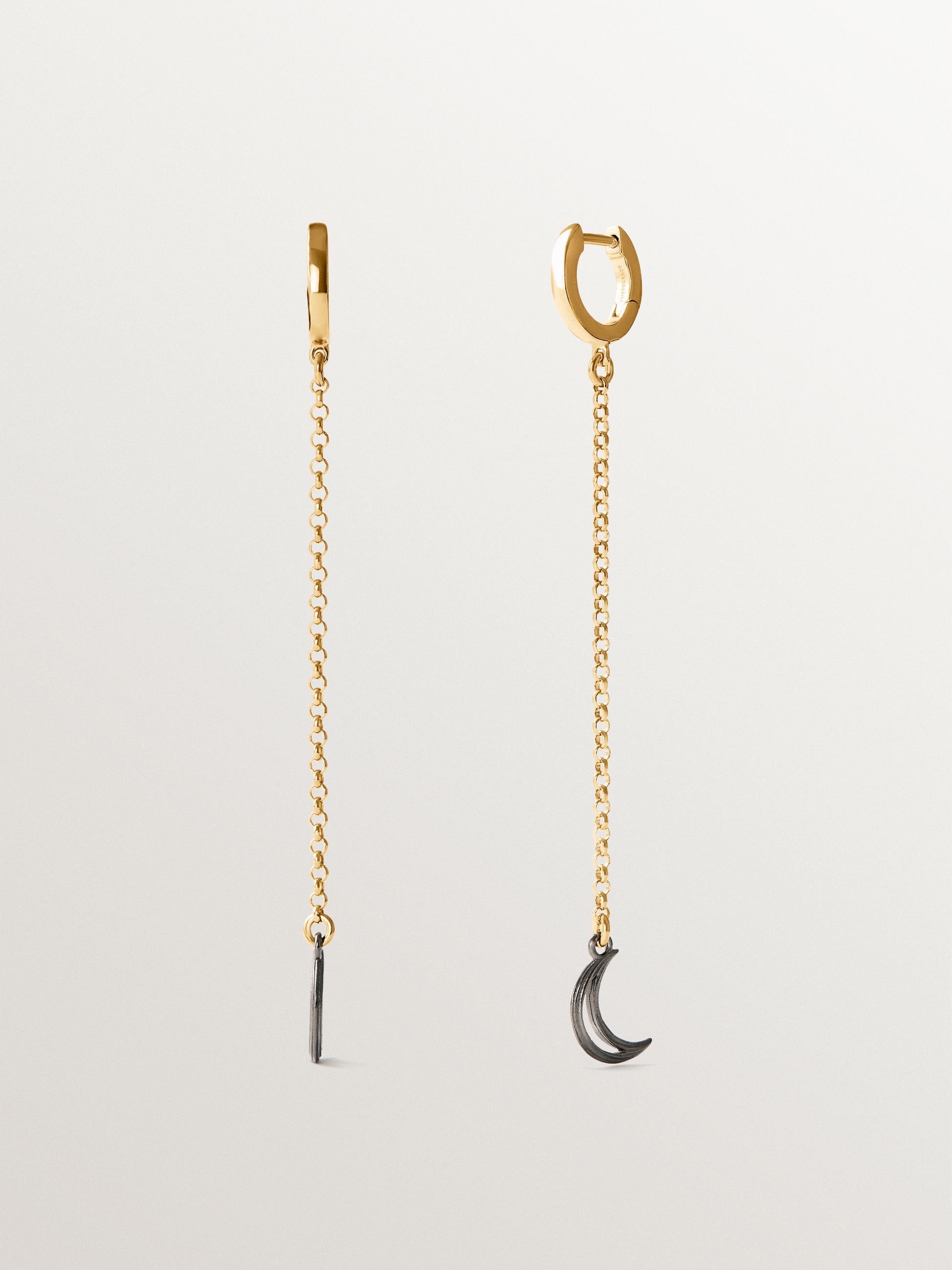 Pendientes largos bicolor de plata 925 bañados en oro amarillo de 18K con forma de luna