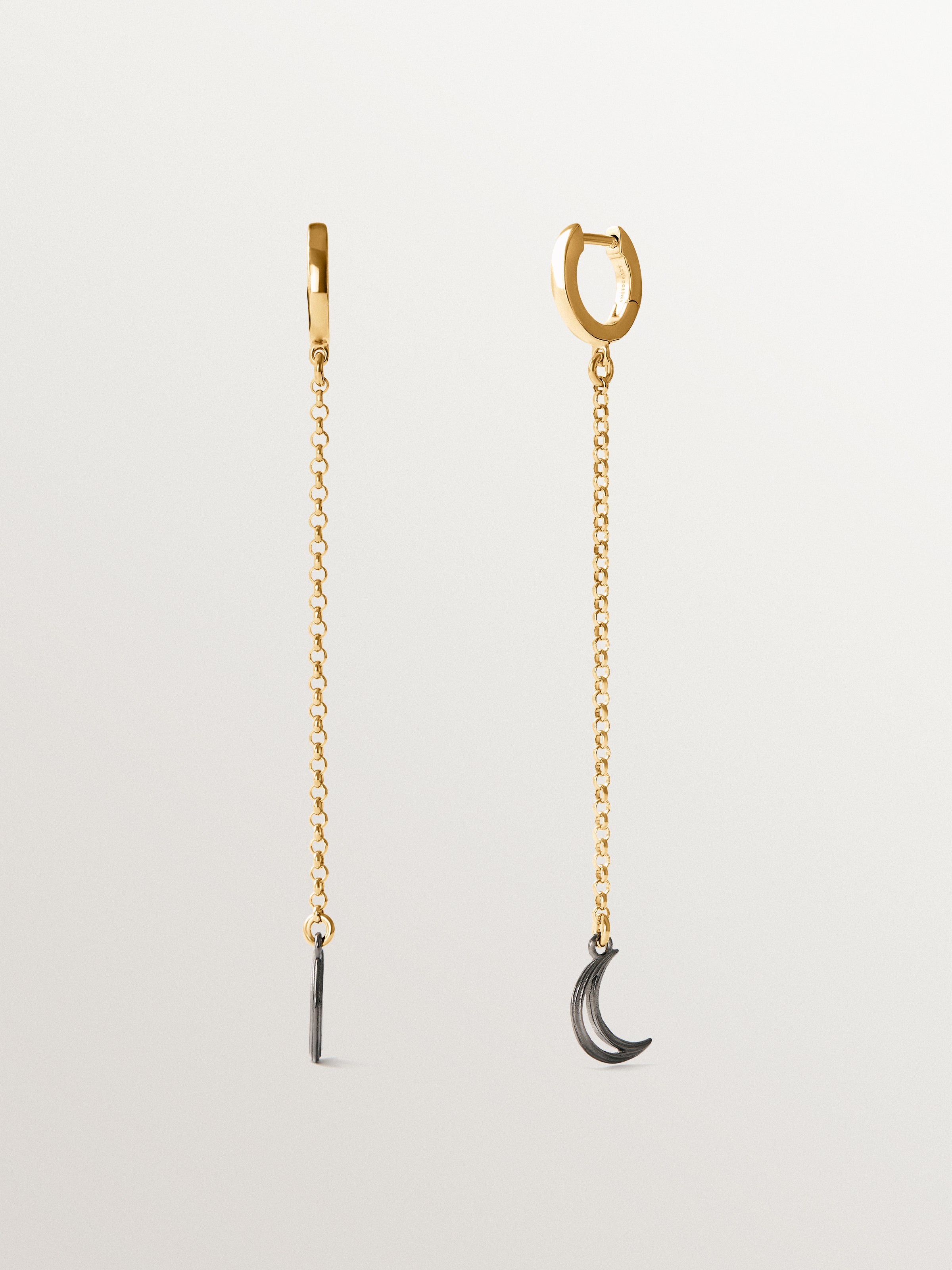 Pendientes largos bicolor de plata 925 bañados en oro amarillo de 18K con forma de luna