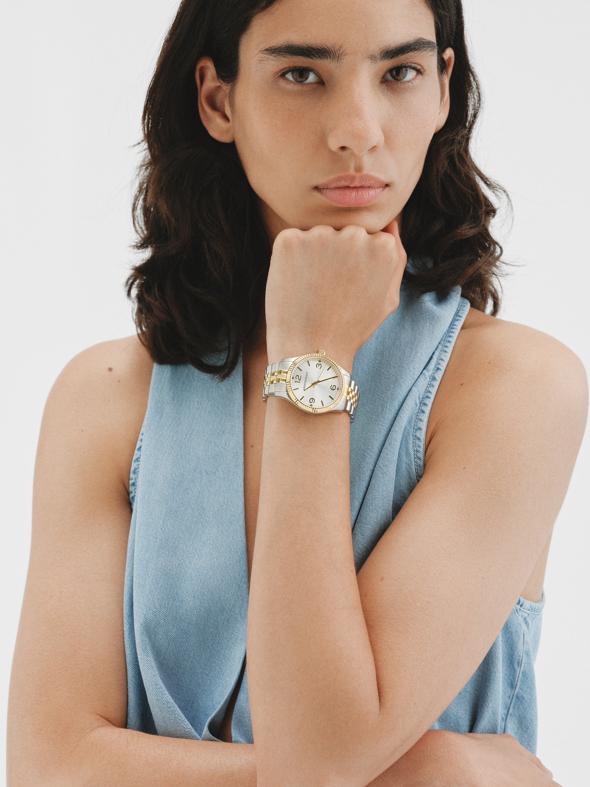Reloj St. Barth Armis con correa bicolor de acero gris y amarillo y esfera grisácea
