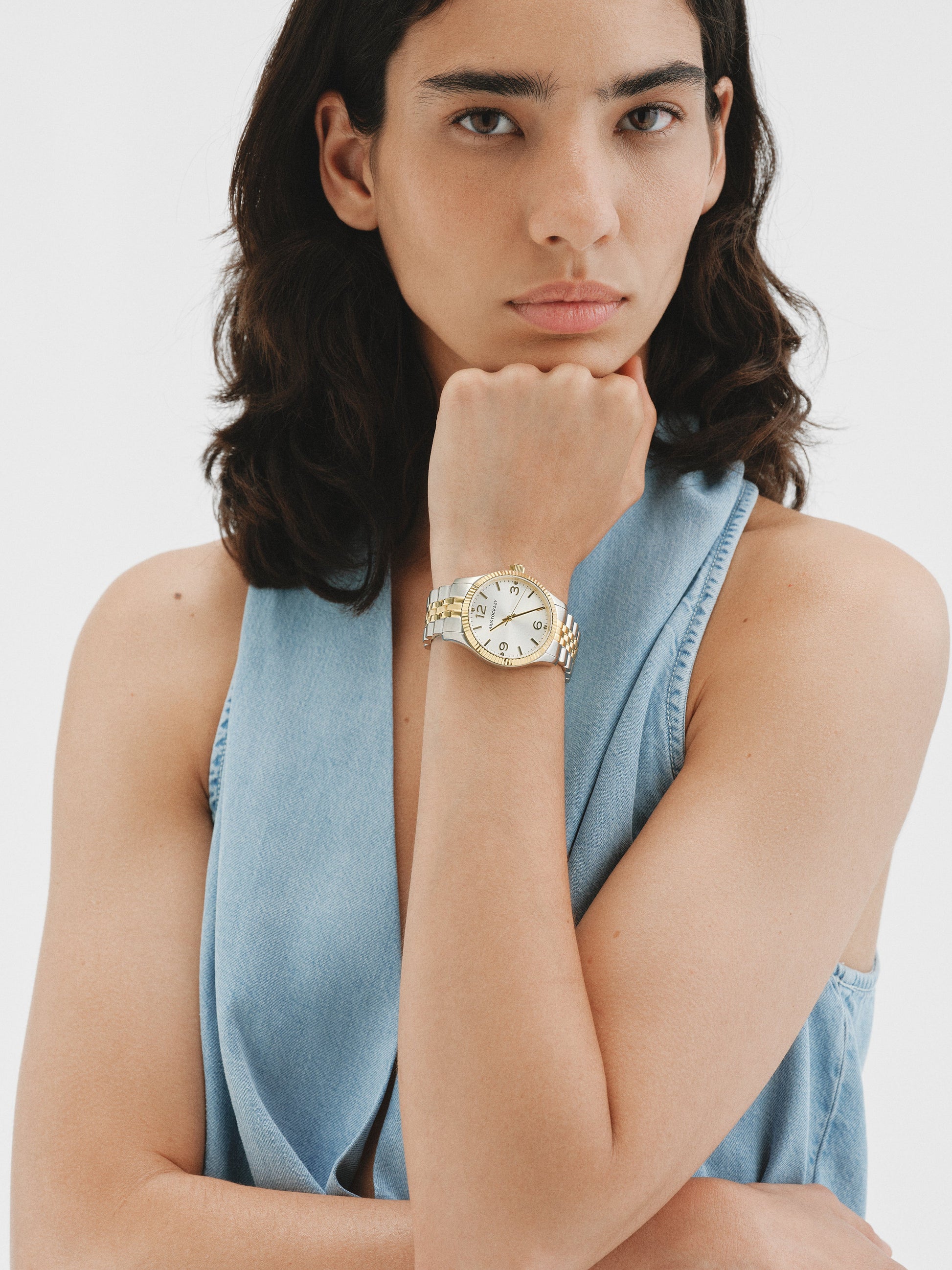 Reloj St. Barth Armis con correa bicolor de acero gris y amarillo y esfera grisácea