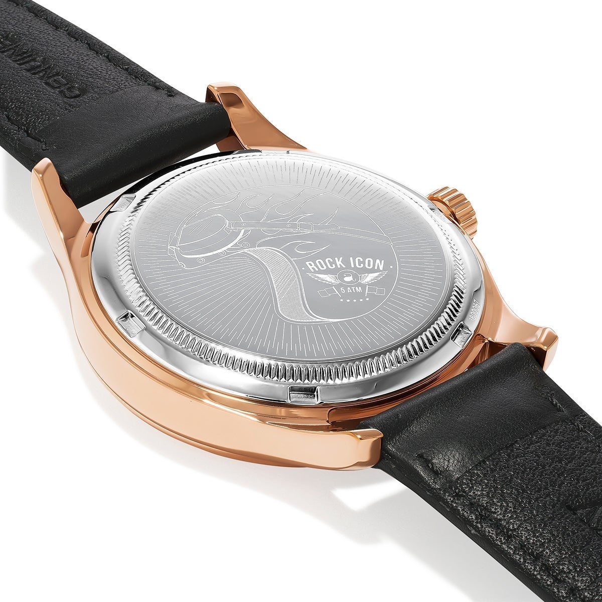 Reloj Rock Icon de acero rosa con correa de cuero negro de cocodrilo y esfera negra