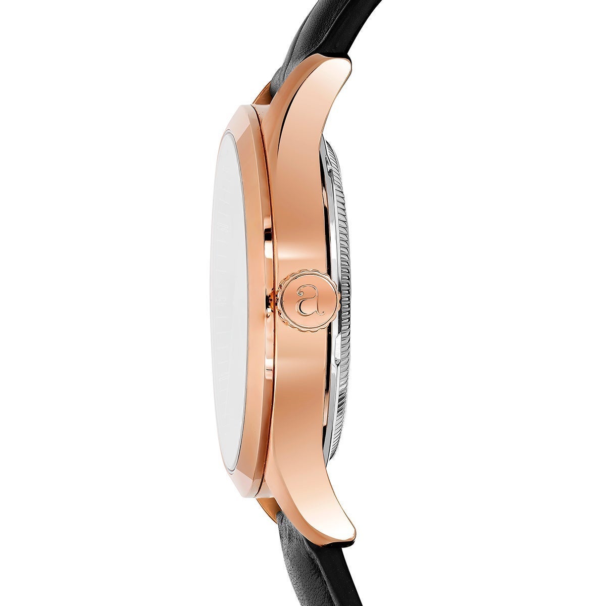 Reloj Rock Icon de acero rosa con correa de cuero negro de cocodrilo y esfera negra