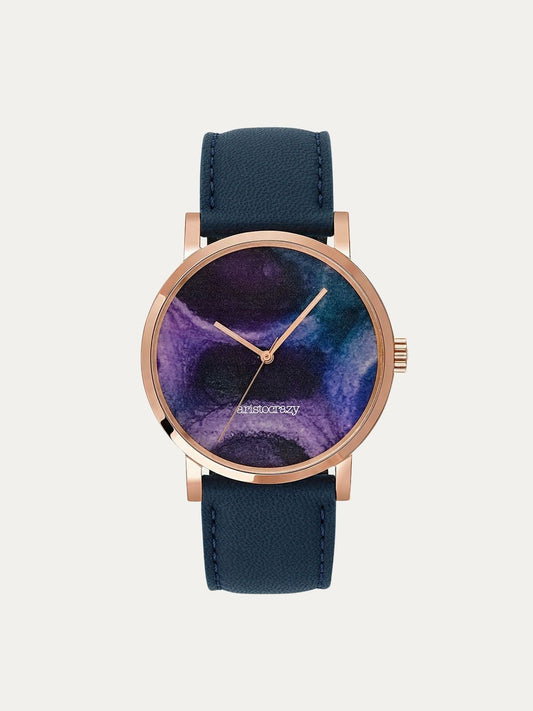 Reloj Watercolors con correa de cuero azul y esfera efecto mármol multicolor