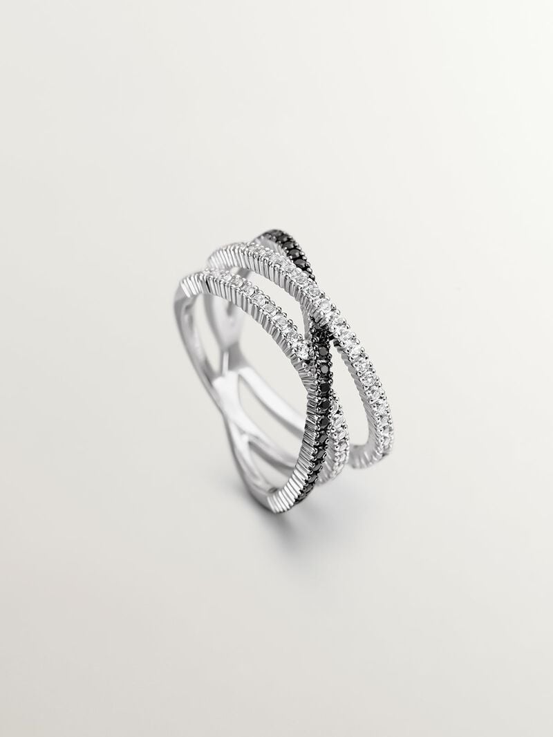 Triple crossed ring made of 925 silver plated in 18K yellow gold with white topazes and black spinels. image number 4