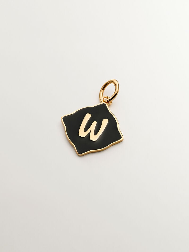 18K yellow gold plated 925 sterling silver charm with W initial and black enamel with irregular diamond shape image number 0